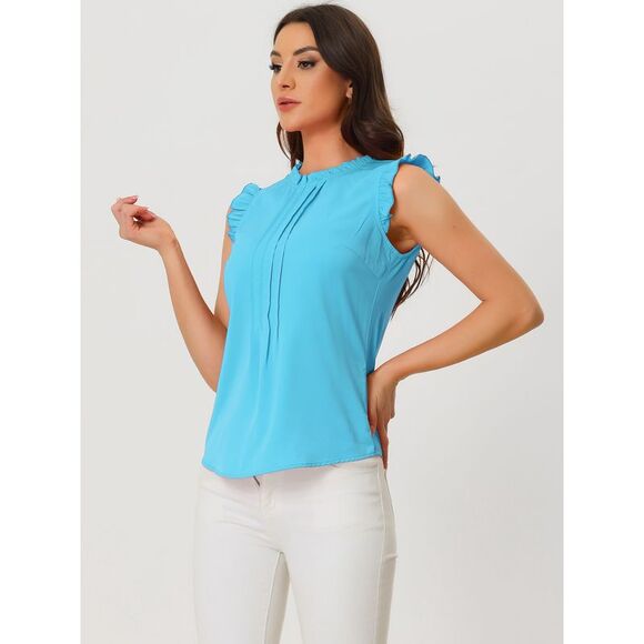 Ruffled Business Office Vintage Sleeveless Work Blouses Top Sky Blue - Picture 3 of 6